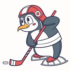 Obraz premium Cute Cartoon Penguin Playing Ice Hockey with Stick Vector Illustration 
