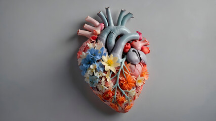 Floral human heart made of vibrant flowers and leaves on a neutral background, symbolizing life, health, and nature in an artistic medical-botanical concept.