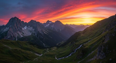 Vibrant mountain landscape under orange sun, natural beauty