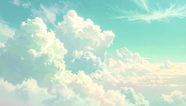 Fluffy White Clouds in a Bright Blue Sky Digital Illustration with Pastel Green Tones and Soft Lighting for a Serene Atmospheric Aesthetic