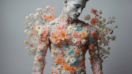Floral male human figure made of vibrant flowers and leaves on a neutral background, symbolizing life, nature, health, and artistic botanical anatomy.