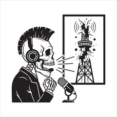 Vector art of skeleton punk rocker broadcasting with a broken radio tower