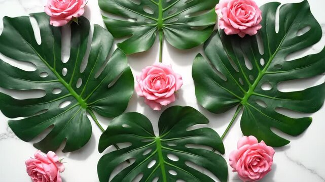 Vibrant arrangement of lush green monstera leaves and delicate pink roses on a smooth white marble surface, showcasing a harmonious blend of nature's beauty in a serene and elegant setting