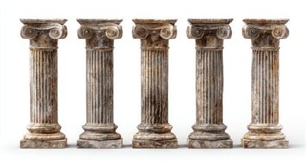 Obraz premium Five antique columns, light beige and tan, with intricate capitals and bases, set against a plain white background