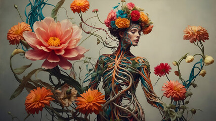 Floral gender-neutral human figure made of vibrant flowers and leaves on a neutral background, symbolizing life, nature, health, and artistic botanical anatomy.