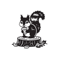  Cheerful Baby Squirrel Hugging Acorn on Tree Stump with Leaves.