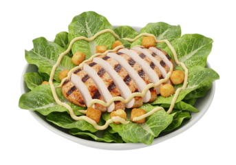 Fresh Grilled Chicken Caesar Salad with Romaine Lettuce, Croutons, and Creamy Dressing Isolated on White