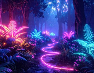 Futuristic Forest Path with Neon Plants