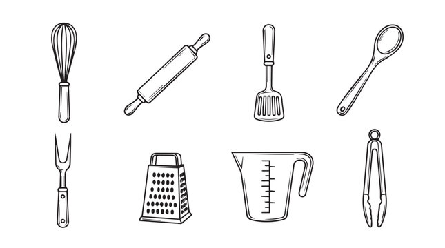 Collection of hand drawn kitchen utensils in a distinctive silhouette style