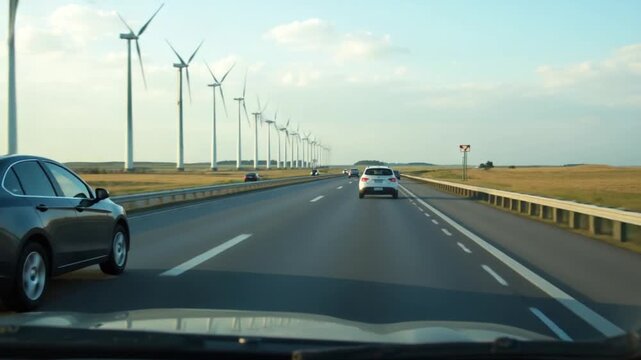 Vehicles driving on highway with wind turbines on fields in background