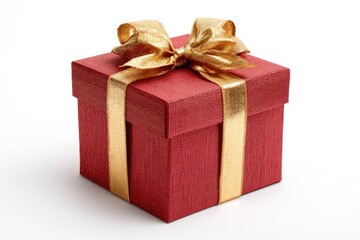 Obraz premium Red gift box with gold ribbon. A square gift box of deep red, textured cardboard, is presented on a plain white background.