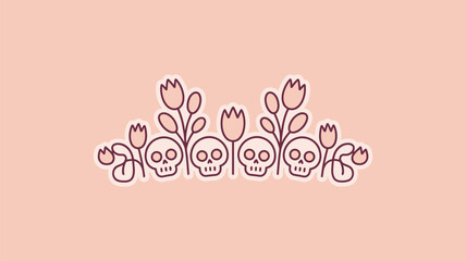 Illustration of skulls and flowers arranged in a decorative pattern on a peach colored background