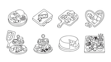Collection of eight hand drawn cheese and cracker appetizer platters silhouette