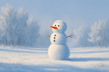 cheerful snowman with bright orange carrot nose stands proudly in snowy landscape
