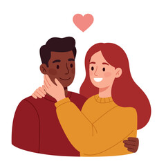 Vector illustration of a man and woman's profiles kissing, with a red heart symbol above their heads, representing a couple's romance and love