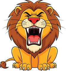 Roaring Cartoon Lion Sitting with Open Mouth, Fierce Expression, Sharp Teeth and Big Mane for Kids, Animal, Vector Content Themes