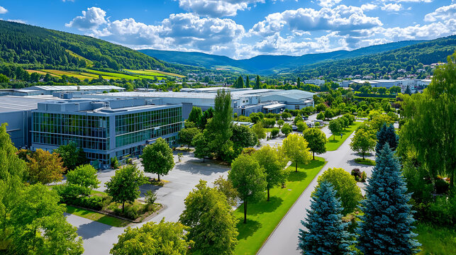 Modern waste recycling plant with large glass facade surrounded by green trees and mountains. Sustainable industry, clean energy, eco friendly production