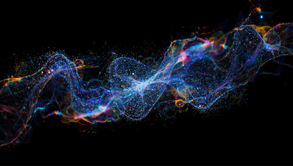 Fototapeta premium Colorful lights and tiny dots form a wave shape on a black background