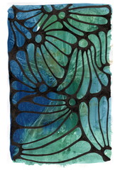 An abstract pattern reminiscent of a butterfly wing over a watercolor background. Black lines form an interweaving of elongated cells resembling petals or veins.