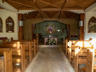Chapel of the Sacred Heart of Jesus in Jaszczurwka, located in Zakopane, Poland. This wooden chapel is an iconic example of the so-called Zakopane style, designed by Stanisław Witkiewicz. 