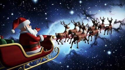 Santa in his sleigh with reindeer flying across a starry night with nebulous clouds in a rendered cartoonish style - Powered by Adobe