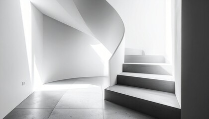Modern Creative composition with artistic lighting effects with geometric and white space and dynamic aesthetic on a spiral staircase rendered with negative space and black and white