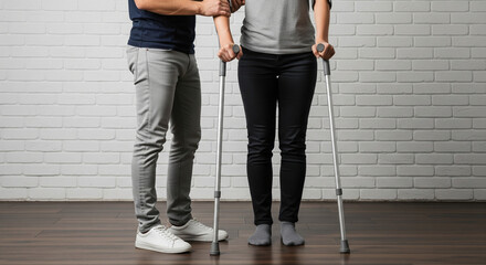 Supportive Partner Assisting Injured Person with Crutches