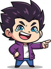 Cute cartoon boy character, funny chibi style illustration, happy anime kid, pointing pose, crying with laughter, vector mascot design
