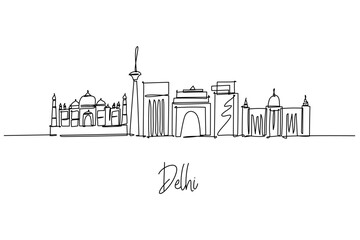 Delhi city skyline one line drawing featuring India Gate, Qutub Minar, Lotus Temple, Red Fort, Akshardham and Rashtrapati Bhavan, a cityscape concept for India travel theme and national capital icons.