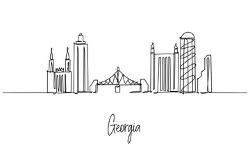 Georgia country skyline continuous line drawing with Tbilisi Narikala Fortress, Batumi Alphabetic Tower and mountain silhouettes, a cityscape concept for Caucasus travel theme and culture.