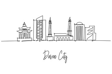 Davao City skyline single line drawing featuring Peoples Park, San Pedro Cathedral and City Hall with modern towers, a cityscape concept for Mindanao travel theme and Philippines urban identity.