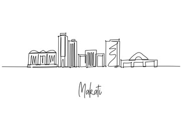 Fototapeta premium Makati city skyline one line drawing showing PBCom Tower, Ayala Triangle, RCBC Plaza and Greenbelt, a cityscape concept for Metro Manila business theme and Philippines modern finance hub.