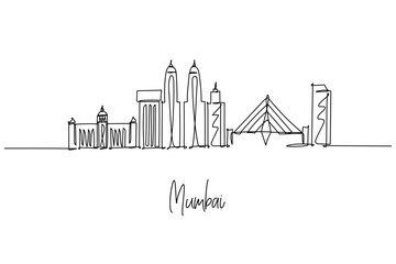 Mumbai city skyline single line drawing with Gateway of India, Bandra Worli Sea Link and Chhatrapati Shivaji Terminus, a cityscape concept for Maharashtra travel theme and India finance capital.