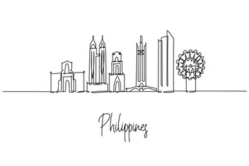 Philippines country skyline continuous line drawing including Mayon Volcano, Manila Bay, Cebu temples and Vigan heritage, a cityscape concept with archipelago travel theme for tourism and culture.
