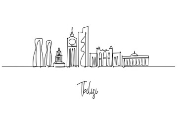 Tbilisi city skyline one line drawing featuring Bridge of Peace, Holy Trinity Cathedral, Narikala Fortress and sulfur baths, a cityscape concept for Georgia travel theme and historic charm.