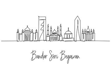 Bandar Seri Begawan city skyline one line drawing showcasing Omar Ali Saifuddien Mosque, Jame Asr Hassanil Bolkiah Mosque and Istana Nurul Iman, a cityscape concept for Brunei tourism theme.
