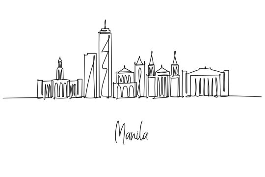 Manila city skyline one line drawing with Intramuros, Manila Cathedral, Rizal Park and Binondo landmarks, a cityscape concept for Philippines travel theme mixing heritage sites and modern towers.
