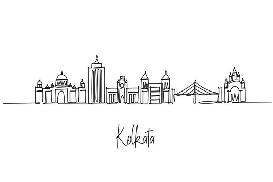 Kolkata city skyline continuous line drawing with Howrah Bridge, Victoria Memorial, Dakshineswar Temple and St Pauls Cathedral, a cityscape concept for India travel theme and cultural legacy.