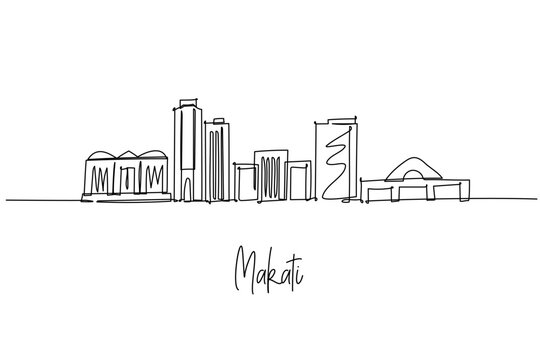 Makati city skyline one line drawing showing PBCom Tower, Ayala Triangle, RCBC Plaza and Greenbelt, a cityscape concept for Metro Manila business theme and Philippines modern finance hub.