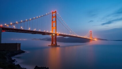 Naklejka premium Puente colgante bajo el cielo crepuscular, luces delicadas brillando, aguas brumosas debajo creando una atmósfera de ensueño