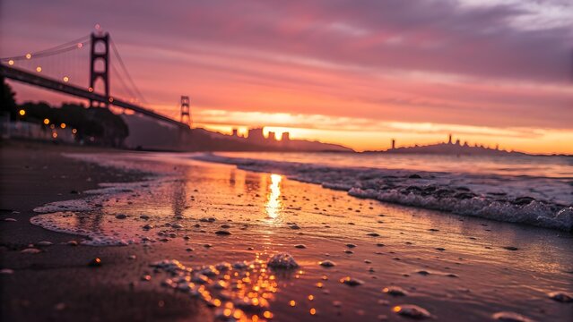 Golden gate bridge and san francisco skyline at sunrise with vibrant colors reflecting on the wet sand, creating a serene and picturesque scene of the iconic landmark