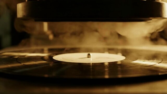 A close-up view of an industrial press manufacturing a vinyl record with steam rising as the hot stamper lifts detailing the creation of analog music media.