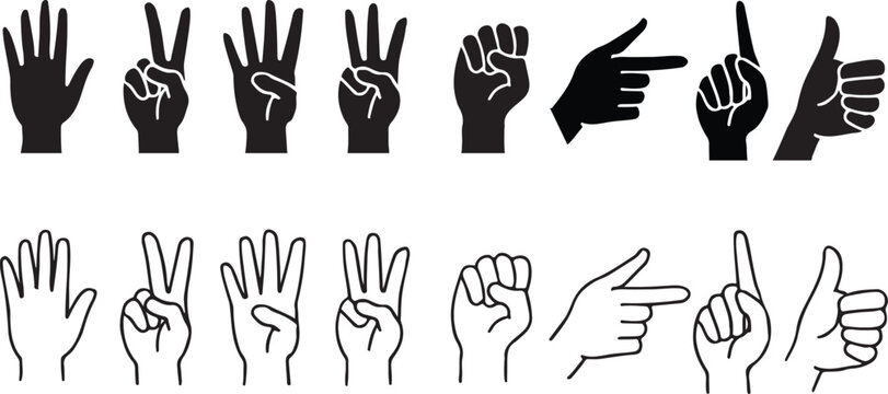 Hands collection vector outline &ndash; isolated finger and hand gestures set.eps