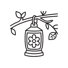 Hanging Lantern with Floral Design Silhouette Surrounded by Leaves on Branch.