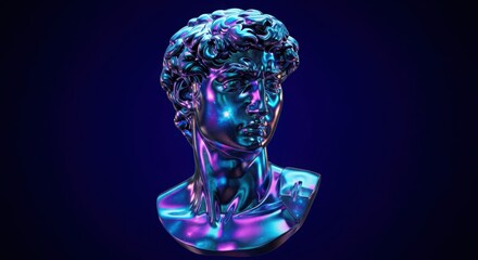 Bust of david sculpture with iridescent chrome finish and vibrant purple and blue lighting against a dark background