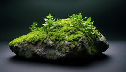 Close Up Of A Rough Textured Rock With Vibrant Green Moss And Small Leafy Plants Growing On Top Against A Dark Muted Background