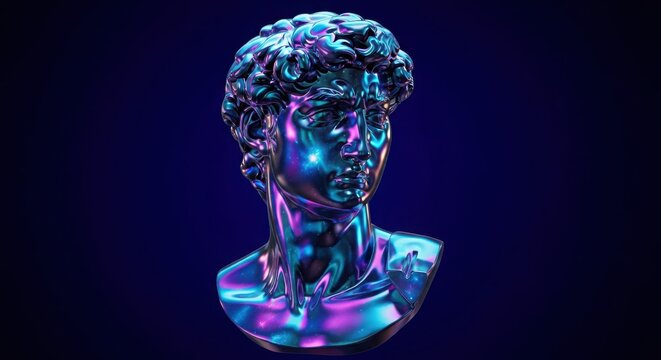 Bust of david sculpture with iridescent chrome finish and vibrant purple and blue lighting against a dark background