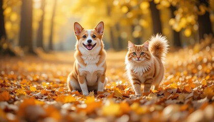 Happy Dog and Cat Friends in Autumn Leaves