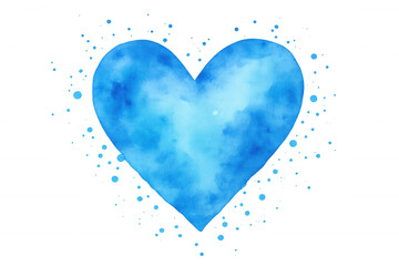 Soft watercolor heart splashing pastel blue hues, decorated with paint droplets, symbolizing love and romance on transparent backdrop
