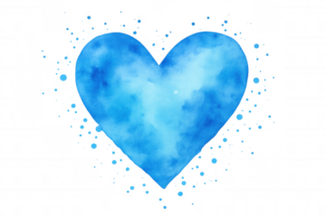 Soft watercolor heart splashing pastel blue hues, decorated with paint droplets, symbolizing love and romance on transparent backdrop